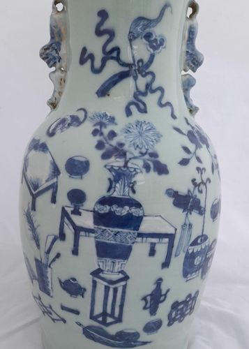 Antique Chinese Porcelain Celadon Ground Vase Blue & White Precious Things Lion Dog Handles baluster shape flared trumpet neck Qing dynasty late 19thC 42cm high 20.6 cm diameter 3.65 kg