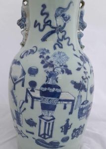 Antique Chinese Porcelain Celadon Ground Vase Blue & White Precious Things Lion Dog Handles baluster shape flared trumpet neck Qing dynasty late 19thC 42cm high 20.6 cm diameter 3.65 kg
