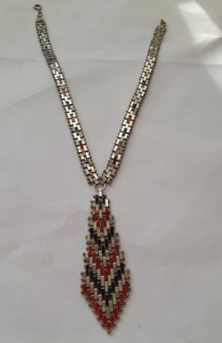 Art Deco Jakob Bengel Brickwork or Mauerwerk Articulated Long Necklace Red Black Enamels 1920