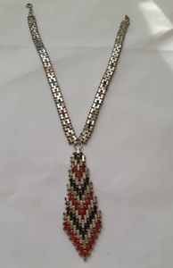 Art Deco Jakob Bengel Brickwork or Mauerwerk Articulated Long Necklace Red Black Enamels 1920