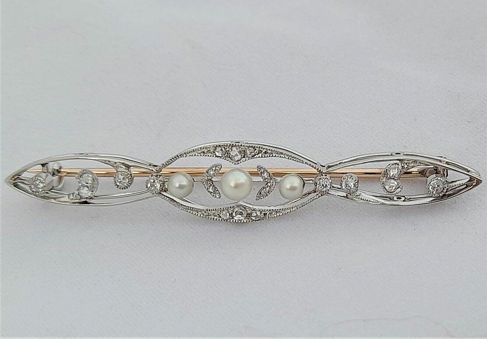 Antique Edwardian 18ct White and Yellow Gold Bar Brooch set with Diamonds  and Natural Pearls