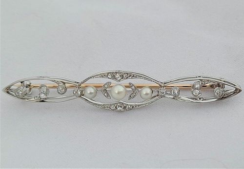Antique Edwardian 18ct White and Yellow Gold Bar Brooch set with Diamonds  and Natural Pearls