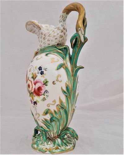 Antique Regency Daniel & Son Porcelain Swan lipped Vase Ewer or Jug Hand Painted Botanicals circa 1825. Made by Henry & Richard Daniel Shelton Staffordshire. 242mm high weighs 516 grammes unpacked.