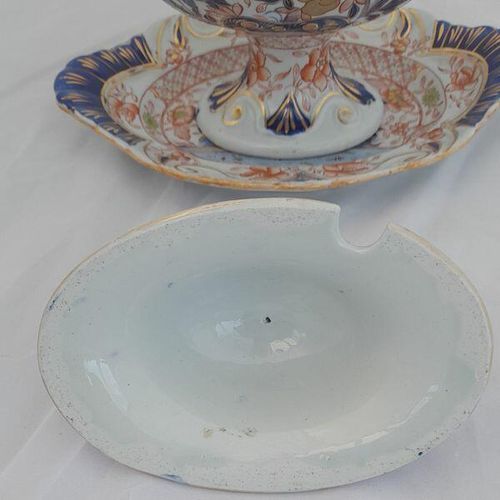 An antique Hicks & Meigh Japan pattern moulded moustache shaped ironstone sauce tureen and stand circa 1820 - underglaze blue & gilded enamel Imari pattern 19.1 cm high weighs  889 grammes unpacked.