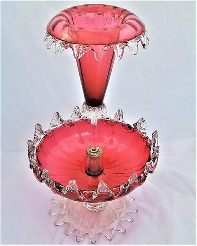 Antique Large Ruby Glass Table Centrepiece or Epergne Stand & Ruby Glass Trumpet circa 1880 - Applied crimped leaf & embossed daisy decoration 42cm High 2.4 kg