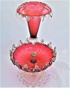 Antique Large Ruby Glass Table Centrepiece or Epergne Stand & Ruby Glass Trumpet circa 1880 - Applied crimped leaf & embossed daisy decoration 42cm High 2.4 kg