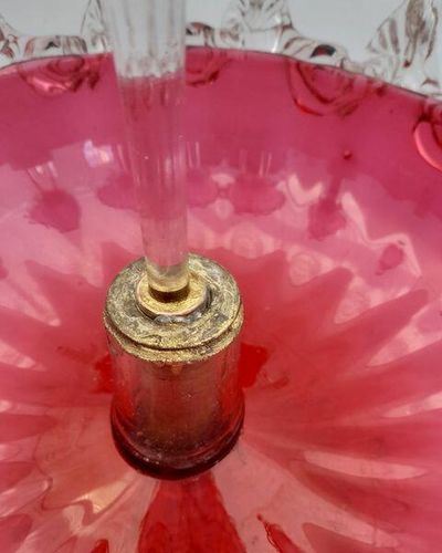 Antique Large Ruby Glass Table Centrepiece or Epergne Stand & Ruby Glass Trumpet circa 1880 - Applied crimped leaf & embossed daisy decoration 42cm High 2.4 kgAntique Large Ruby Glass Table Centrepiece or Epergne Stand & Ruby Glass Trumpet circa 1880 - Applied crimped leaf & embossed daisy decoration 42cm High 2.4 kg
