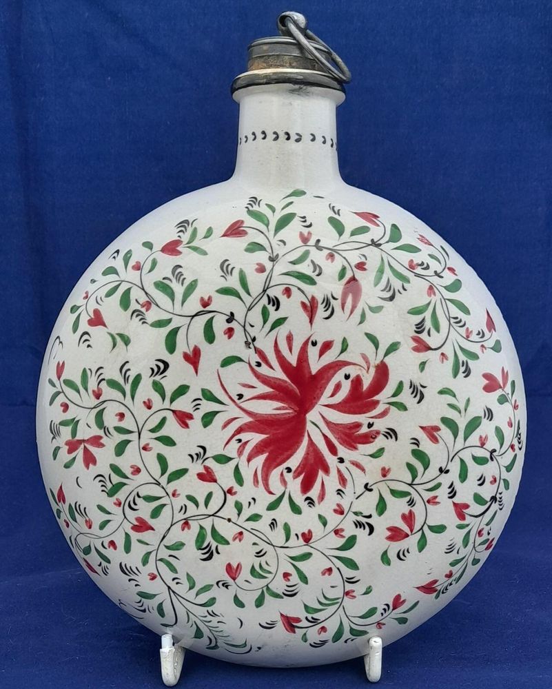 Pearlware Prattware Spirit Flask Inscribed W. Nicklin June 12th 1838 - Antique Pilgrim Flask high temperature underglaze colours green black & red