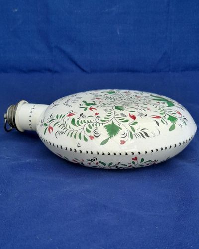 Pearlware Prattware Spirit Flask Inscribed W. Nicklin June 12th 1838 - Antique Pilgrim Flask high temperature underglaze colours green black & red