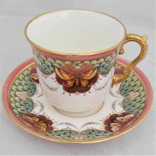 Cup on Saucer - Antique porcelain tea cup & saucer painted butterflies on a scale green ground by W. Lambert 1916 - Larcombe King St Derby on a Bishop & Stonier Body
