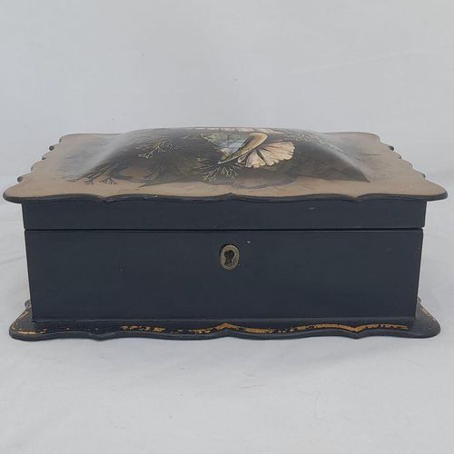 Front - Papier Mache Jewellery Box scalloped rim & hand painted Shells Seaweed & kelp design with Inlaid Mother of Pearl - Antique Victorian Conchology c 1850