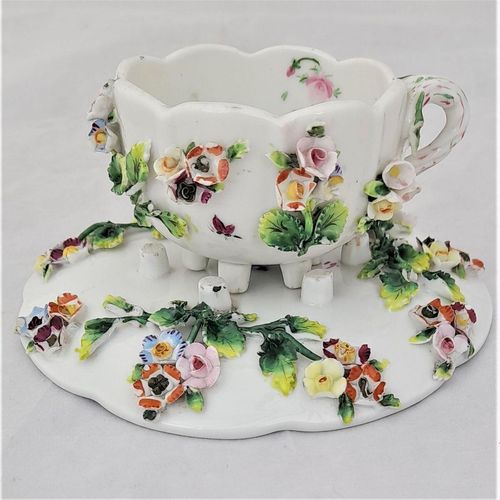 main - Dresden porcelain cup & saucer applied flowers hand painted insects antique late 19th C - lobed shape on six stilt feet - Meissen style - monogram JR