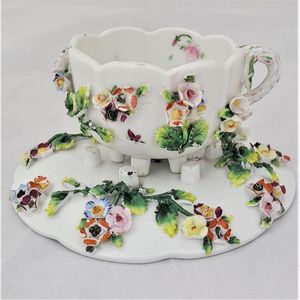 main - Dresden porcelain cup & saucer applied flowers hand painted insects antique late 19th C - lobed shape on six stilt feet - Meissen style - monogram JR