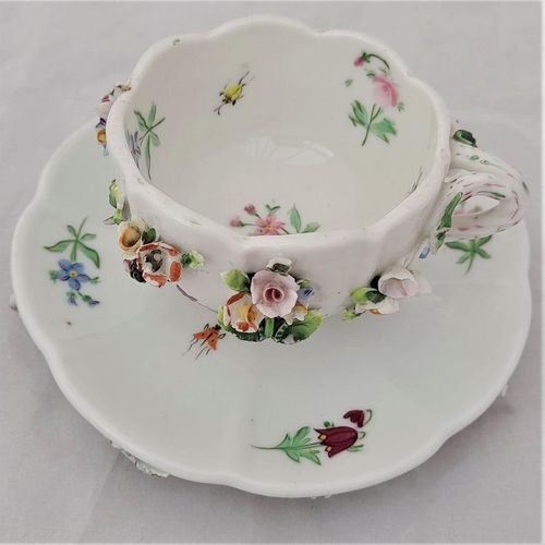 Upper Front - Dresden porcelain cup & saucer applied flowers hand painted insects antique late 19th C - lobed shape on six stilt feet - Meissen style - monogram JR