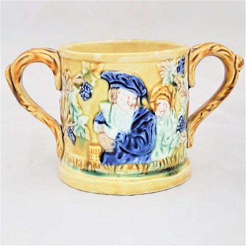 Front - jolly Topers -Novelty Frog Loving Cup Jolly Topers - Prattware underglaze coloured - Kilnhurst Pottery Yorkshire - moulded The Miser & Grapevines - Antique c 1860