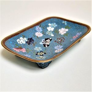 Back right view - Japanese shippo cloisonne turquoise enamel bracket footed small rectangular dish decorated with butterfly & flowers - Antique Meiji period circa 1900