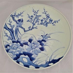 Main - Large Japanese Arita Porcelain Charger Painted Blue & White Bird of Paradise in Prunus Tree - antique circa 1870 19th C Meiji 41 cm diameter 2.29 kg
