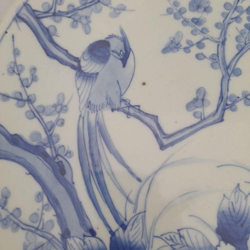 Detail bird - Large Japanese Arita Porcelain Charger Painted Blue & White Bird of Paradise in Prunus Tree - antique circa 1870 19th C Meiji 41 cm diameter 2.29 kg