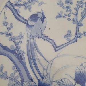 Detail bird - Large Japanese Arita Porcelain Charger Painted Blue & White Bird of Paradise in Prunus Tree - antique circa 1870 19th C Meiji 41 cm diameter 2.29 kg