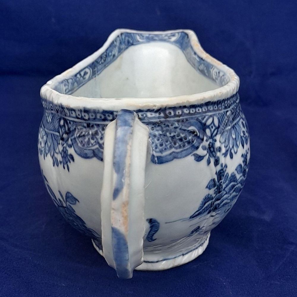 Handle view - Chinese Export Porcelain Blue & White Sauce Boat Garden Terrace Pattern with River & Island - Bulbous shape Gadrooned & unfooted - Qianlong Qing 1760