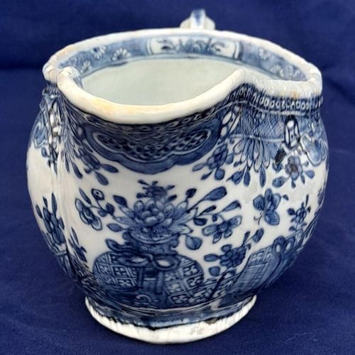 front spout view - Chinese Export Porcelain Blue & White Sauce Boat Garden Terrace Pattern with River & Island - Bulbous shape Gadrooned & unfooted - Qianlong Qing 1760