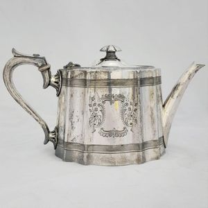 right side view - James Dixon & Sons silver plated Commode shaped EPBM tea pot engine engraved design - antique George V circa 1920 2 pint capacity