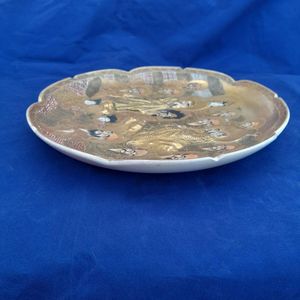 side right view - Japanese Satsuma Pottery Low relief Moulded Plate Painted Immortals or Lucky Gods with Halos marked Satsuma & Shimazu mon - Antique Meiji circa 1900