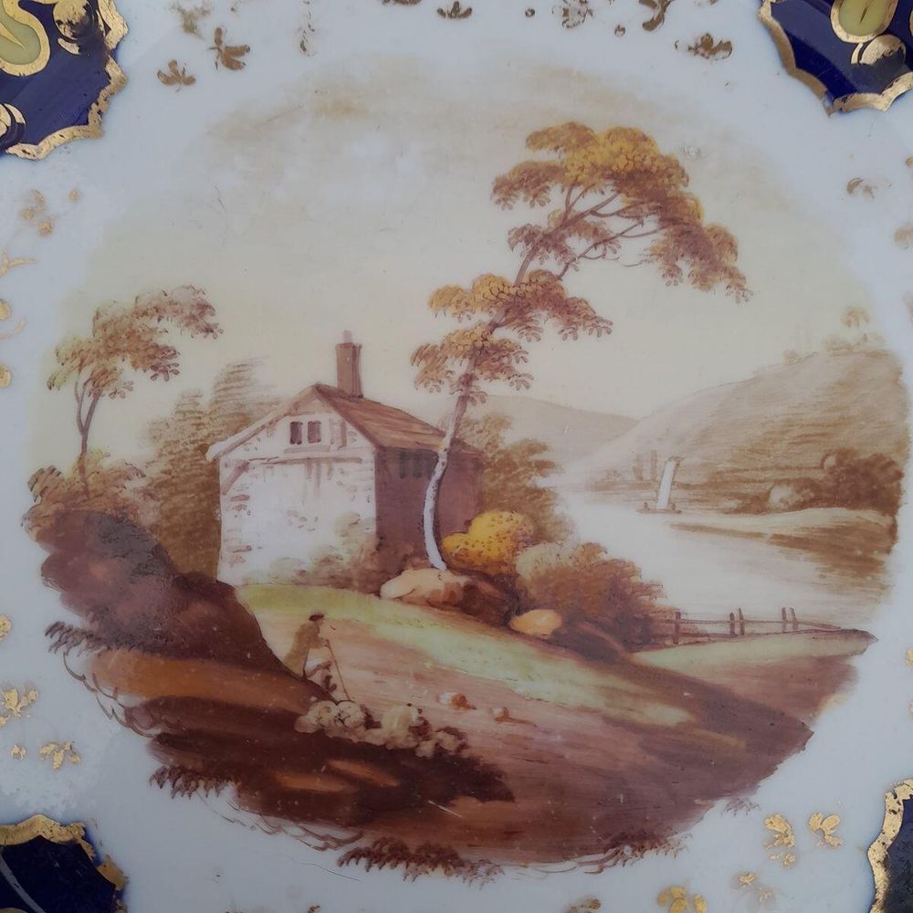 Detail topographical view - Ridgway Regency Porcelain loop sprigged dessert plate - Pattern 941 Topographical scene c 1810