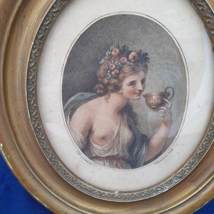 Close up of bacchante : Antique Francesco Bartolozzi hand coloured stipple engraved Print of a Bacchante after a painting by Giovanni Battista Cipriani circa 1780 Oval Frame