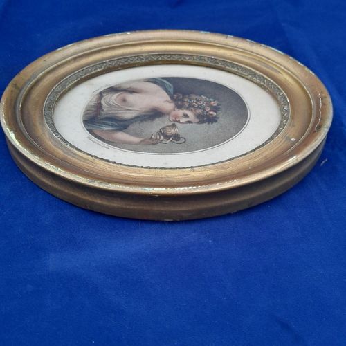 Right Side of frame : Antique Francesco Bartolozzi hand coloured stipple engraved Print of a Bacchante after a painting by Giovanni Battista Cipriani circa 1780 Oval Frame