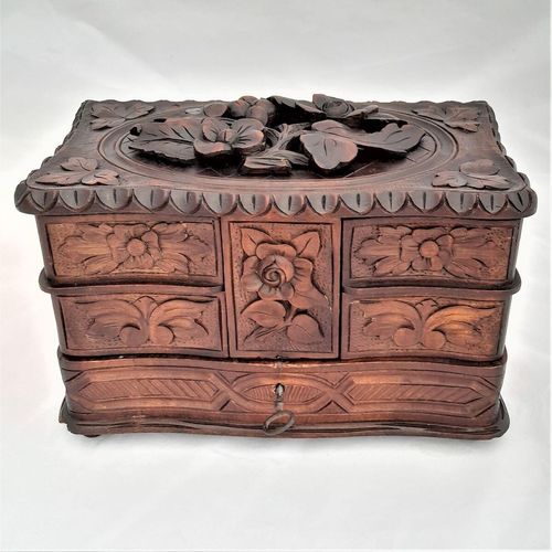Main  front top view - Antique Hand Carved Brienz Black Forest Lockable Three Tier Jewellery Box with Carved Floral Hinged lid & Five Silk Lined compartments circa 1910