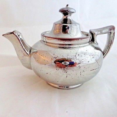 Antique Lustre Teapot Platinum Silver Low Round Bachelor Flat Top Handle c 1825