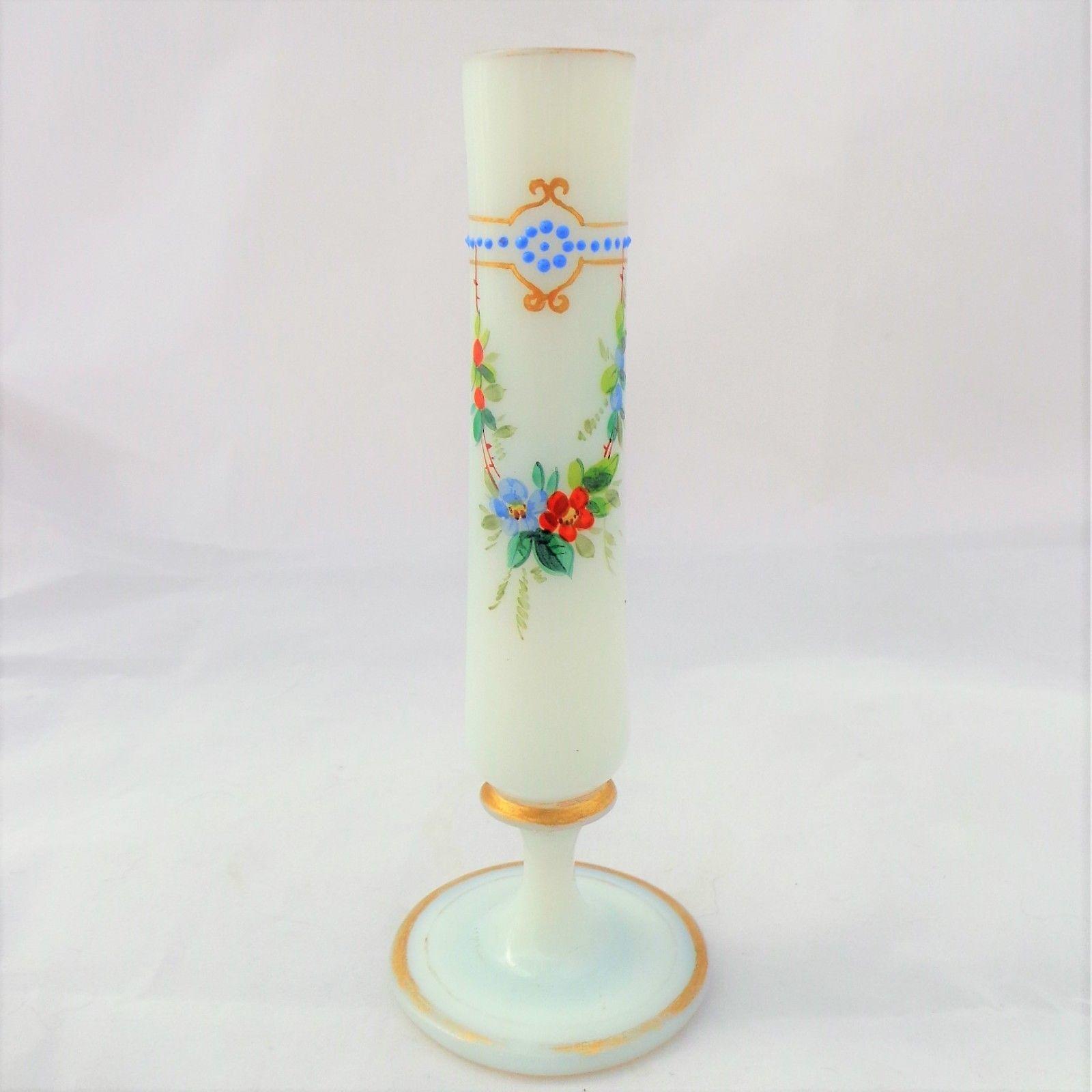 Antique Opaline Glass Stem Vase White Enamelled Opaque Glass Stourbridge c 1870