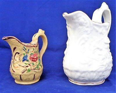 Antique Pair Relief Moulded Jugs Rose Pattern Porcelain and Yellow Ware c 1830