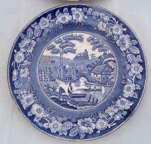 Pair Antique Pottery Blue and White Plates Wild Rose Nuneham Courtenay c 1825