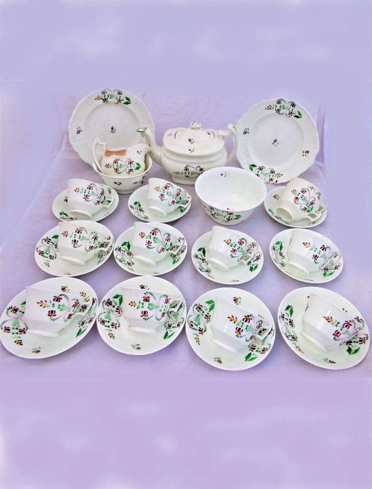 Antique Porcelain Teaset Furrowed London Shape Teapot Cup Gerrard Cope 30pc 1830