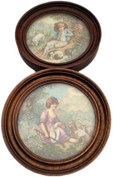 Pair Antique Silkwork Pictures Framed Girl & Boy Shepherds Agnes Sephton c 1910