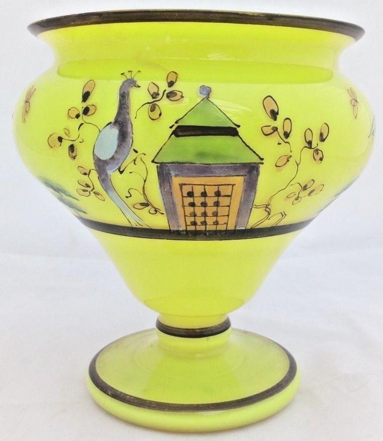 Art Deco Czech Yellow Tango Glass Vase Bowl Hand Painted Peacocks c 1930s