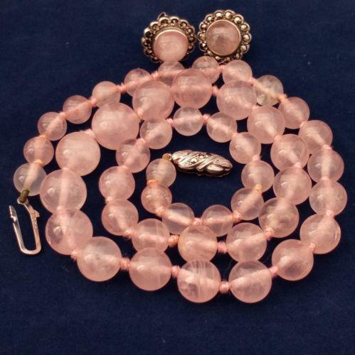 Art Deco Silver Rose Quartz Marcasite Beads Necklace and Earrings Set