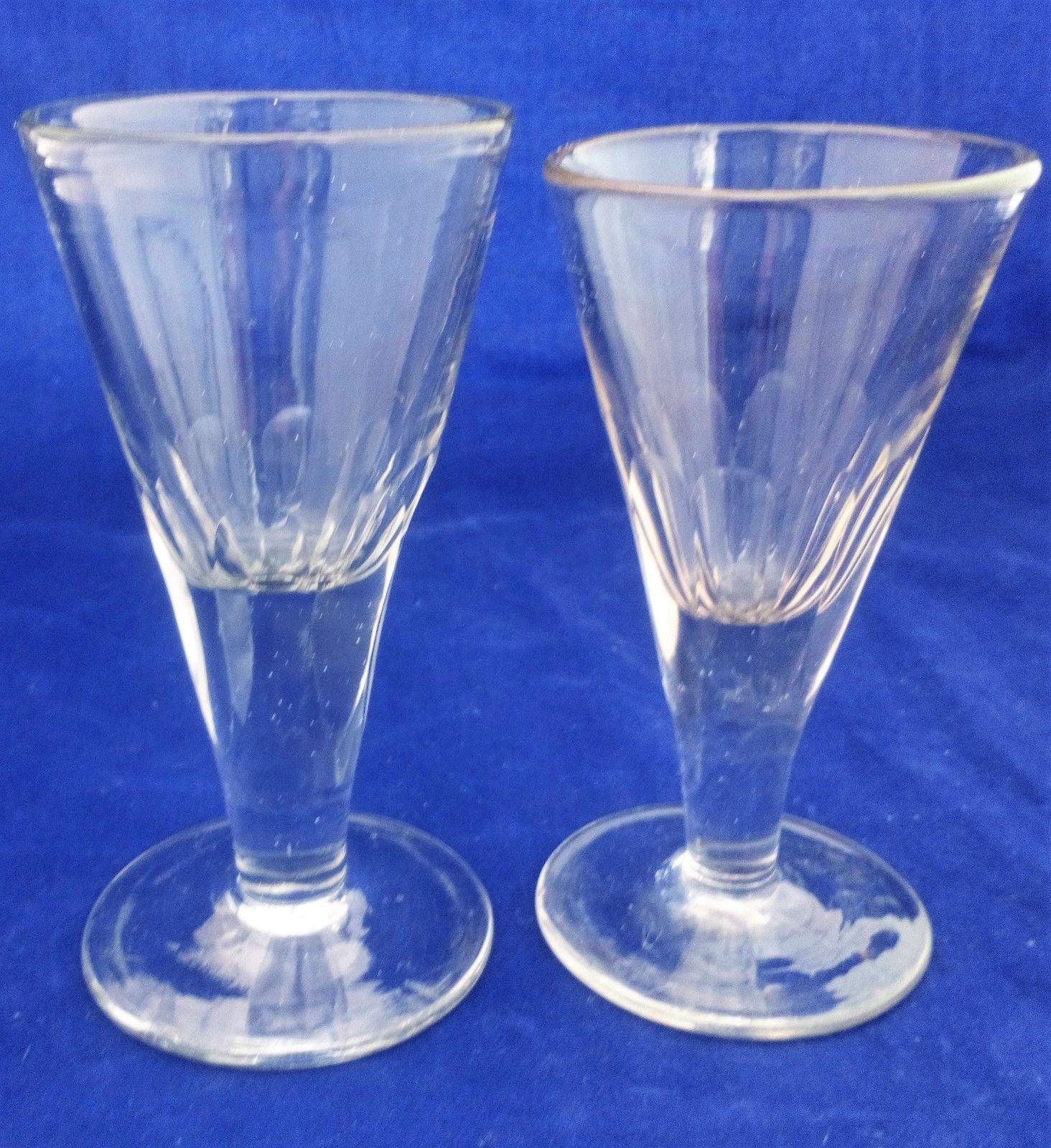 Pair Antique Victorian Wine Glasses Drawn Faceted Trumpet Plain Foot c 1865