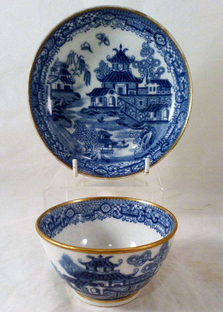 New Hall Porcelain Two Moths Willow Pattern Tea Bowl & Saucer ca 1795