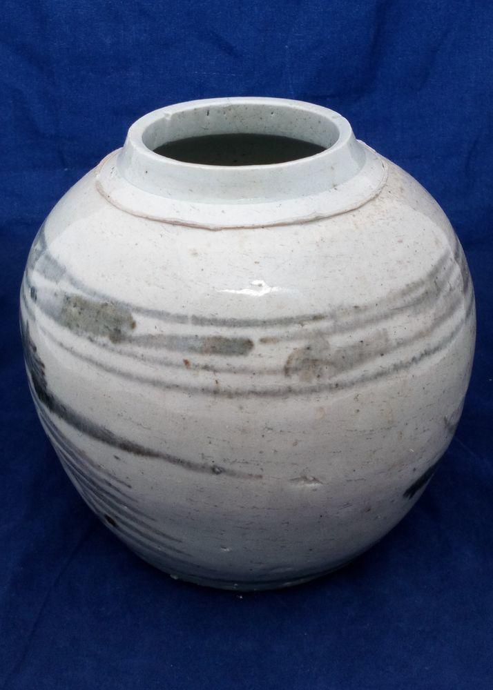 Chinese Stoneware Storage Jar Painted Riverscape 19th C Antique