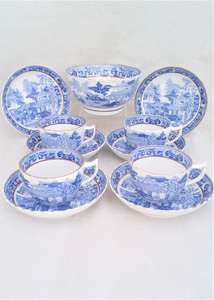 Miles Mason Porcelain Part Tea Set Blue and White Verandah Pattern c 1810