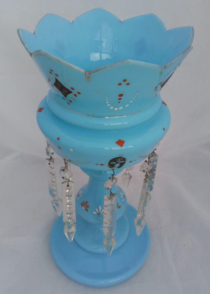 A Blue Opaque Glass Mantle Lustre Vase Antique Victorian c 1870