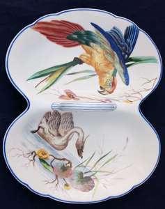 Fischer and Mieg Pirkenhammer Porcelain Handled Dish Parrot Swan Antique c 1870