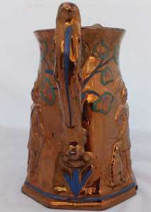 Octagonal Copper Lustre Jug Low Relief Moulded Hunters Dog Hawk c 1840