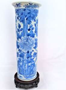 Chinese Blue and White Porcelain Cylindrical Vase Painted Peonys 19th Century