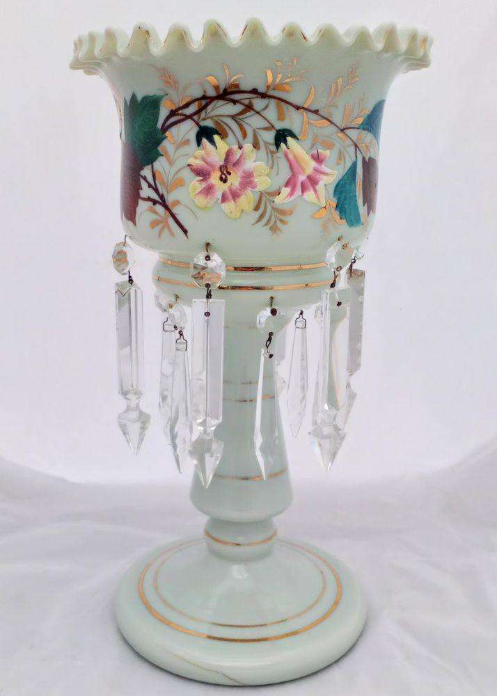 Pale Duck Egg Blue Opaque Glass Mantle Lustre Vase Antique Victorian c 1870