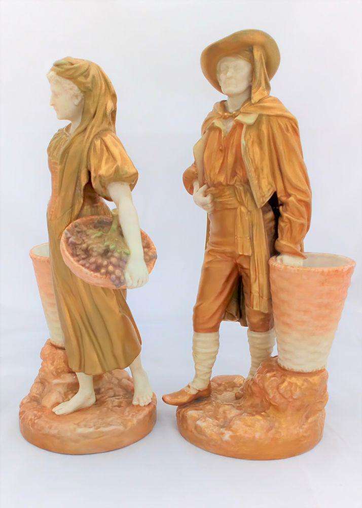 Royal Worcester Porcelain Pair Figurines Grape Harvesters Hadley Antique