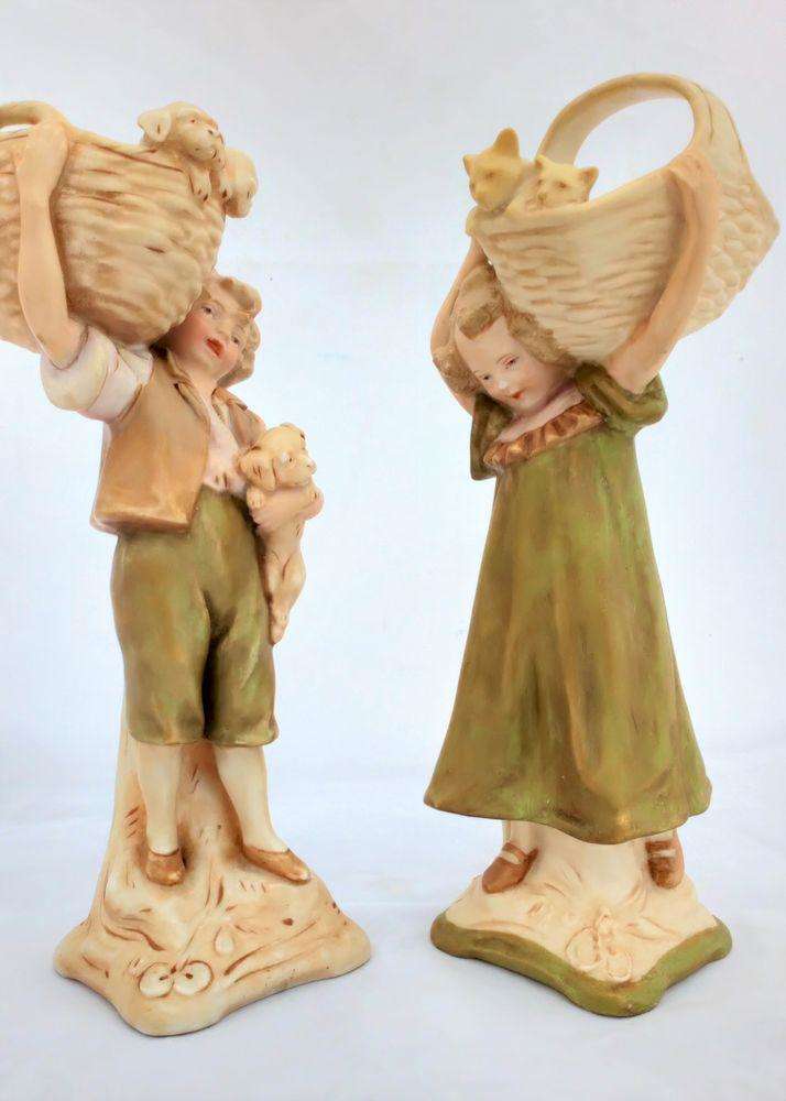 Royal Dux Ceramic Pair Figurines Boy Pups Girl Kittens 1341 c 1920